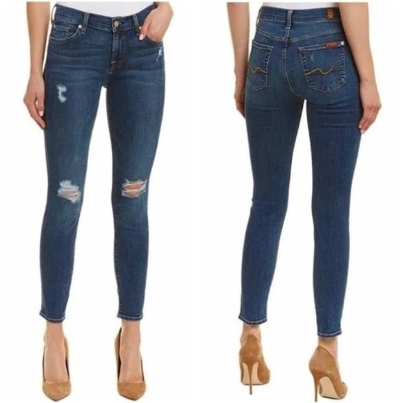 7 for all mankind the ankle skinny distressed denim blue jeans high rise size 26 - Picture 1 of 9